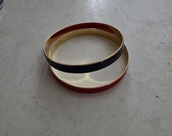 Trifari Vintage Enamel Bangle Bracelet Set Navy Blue Red Gold Tone 2 Piece