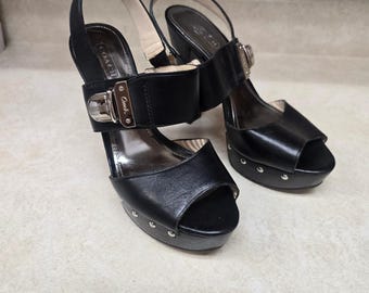 Coach Black Leather Turnlock Platform Sandals Studded Block Heel Peep Toe 6B