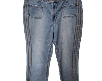 Faded Glory Vintage Y2K Preppy Denim Capris Medium Wash Fringe Hem Womens 14