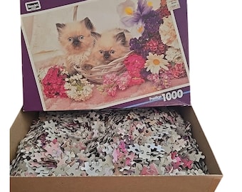 Vintage 1996 RoseArt Prestige Kitten Feline Floral 1000 Piece Jigsaw Puzzle