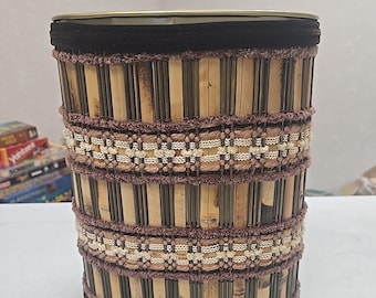 Vtg MCM Waste Can Woven Wood Maria Kipp style J L Clark Orange Browns Cream USA