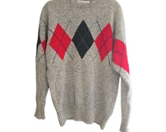 Vtg Gap Gray Argyle Dark Academia Wool Preppy Pullover Sweater Womans Large