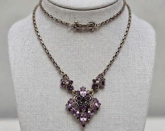 Hollycraft 1952 Vtg Purple Rhinestone Necklace Antiqued Gold Tone Mid Century
