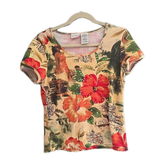 Vtg White Stag Y2K Tropical Artsy Art Sequin Short Sleeve Top Womans Size Large