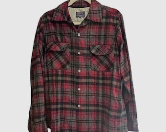 Vtg 1960 Pendleton Red Plaid Wool Flannel Button Down Shirt Men's Size Medium