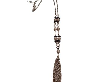 Gold Tone Textured Bead Long Tassel Pendant Necklace Black Accents Statement