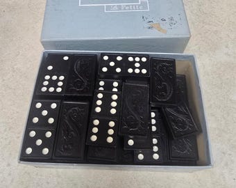 Vtg Dominoes Set Black Dragon Embossed Double Six Original Box
