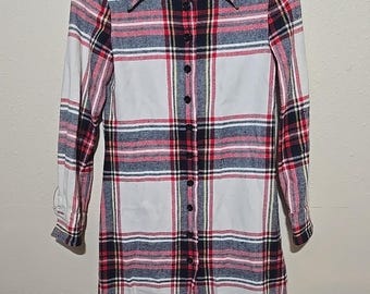 Vtg 70s Ellen Tracy Red White Plaid Wool Preppy Shirt Dress Womans Size Small