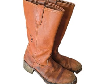 Vtg Double-H Orange Leather Round Toe Pull On Cowboy Western Boots Mens 11D Vtg Double-H Orange Leather Round Toe Pull On Cowboy Western  main image 2
