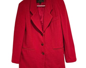 Blazer vintage Express vermelho em lã e cashmere, tamanho P, oversized, estilo alfaiataria.