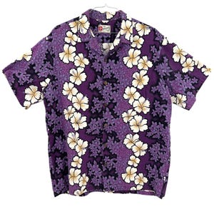 Vintage Hilo Hattie Mens Purple Hibiscus Hawaiian Shirt Cotton Bark Cloth 2XL