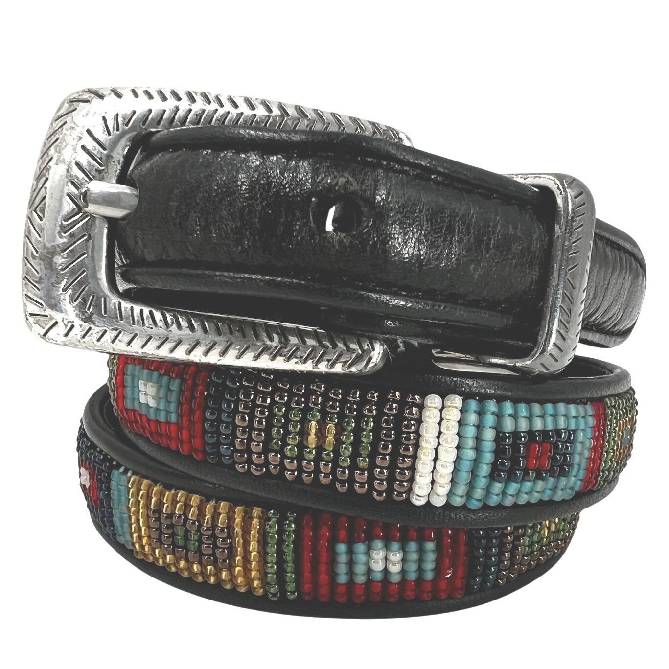 Brighton Skinny Black Western Beaded  Belt Vintage Brighton Skinny Beaded Belt, Black Belt, Colorful  main image 4