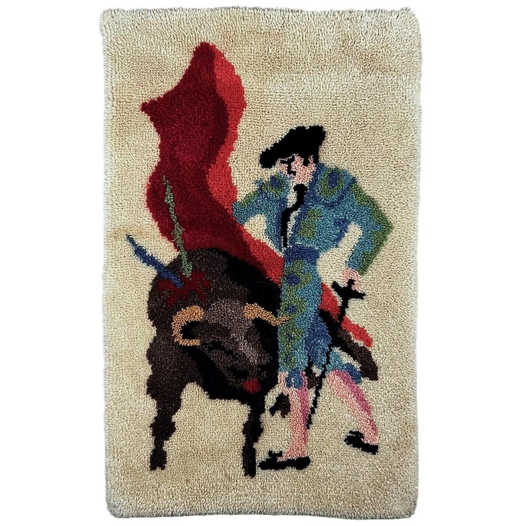 Vintage Latch Hooked Rug Shag Wall Art Tapestry Matador Bullfighter ...