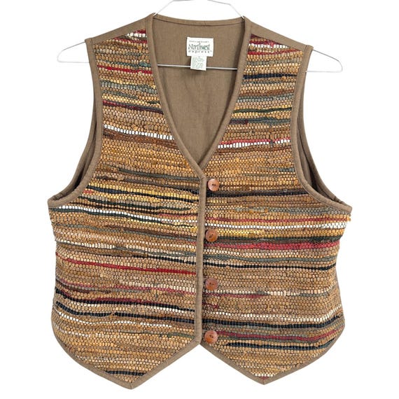 Womens Handmade Woven Suede Rag Rug Vest Earthtones S Vintage Southwestern