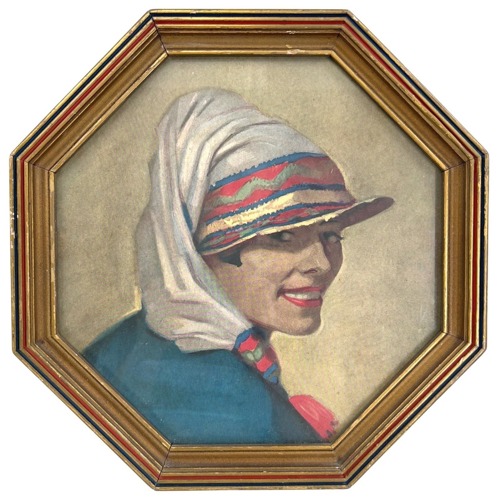 F. Winold Reiss Grinny Portrait Print Blue Red Gold Octagon Frame 11.5in