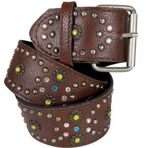 Vintage Rhinestone Studded Belt Brown Leather Flower Studs  display picture 1