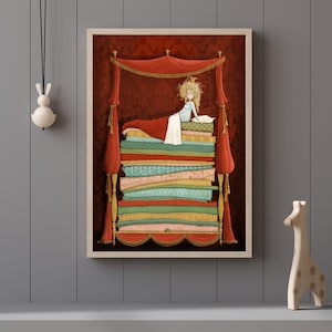 Peut inclure: Illustration encadr&eacute;e repr&eacute;sentant une sc&egrave;ne de conte de f&eacute;es. Une jeune personne aux cheveux blonds est assise sur une haute pile de matelas color&eacute;s. Le lit est drap&eacute; de tissu rouge et de glands, sur fond rouge fonc&eacute;.