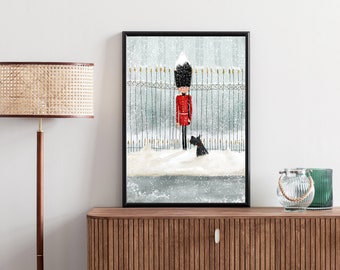 May include: Framed art print featuring a British Royal Guard in a red coat and tall black hat standing in the snow. A black dog is in front of the guard. The background shows a gold fence and a snowy sky.