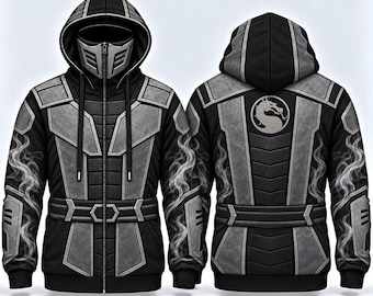 May include: A black and gray zip-up hoodie featuring a built-in face mask, long sleeves with white smoke patterns, and a Mortal Kombat dragon logo on the back. The design includes printed armor-like panels, a waist belt graphic, and a hood.
