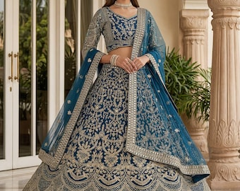 Teal Blue Bridal Lehenga Choli with Heavy Zari Embroidery