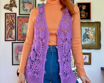 Vintage 90s hand dyed lilac crochet vest