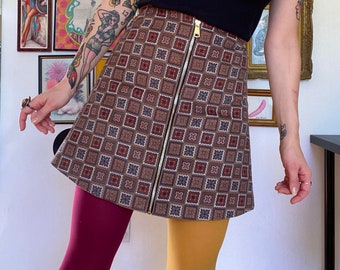 One of a kind handmade granny square corduroy zip front mini skirt