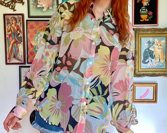 Vintage y2k collared sheer floral blouse