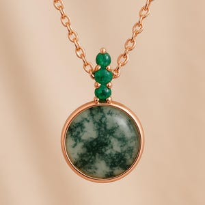 Round Cut Moss Agate Pendant For Women 14K Gold Moss Agate Art Deco Minimalist Pendant Unique Handmade Pendant Anniversary Gift For Her