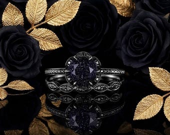 Conjunto único de anillo de compromiso redondo de arenisca azul, anillo de media eternidad, anillo de flor, anillos de promesa, anillo de piedra dorada azul oscuro, anillo de boda nupcial