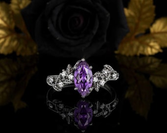 Gothic Marquise Cut Purple Amethyst Engagement Ring Black Gold Leaf Branch Ring Wedding Anniversary Ring Flower Leaf Witchy Promise Ring