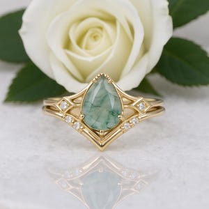 Pear Cut Moss Agate Engagement Ring Set Natural Moss Agate Ring Unique Promise Wedding Band Anniversary Art Deco Stacking Ring Set For Women