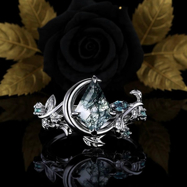 Art Deco Moss Agate Engagement Proposal Ring Set Kite Cut Agate Crescent Moon Bridal Ring Unique Moon Stacking Ring Wedding Anniversary Ring