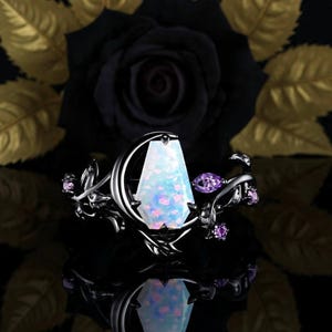 Ensemble unique de bagues de fiançailles en opale taille cercueil, étoile de lune noire, bague améthyste taille marquise, croissant de lune délicat, bague d'anniversaire de mariage