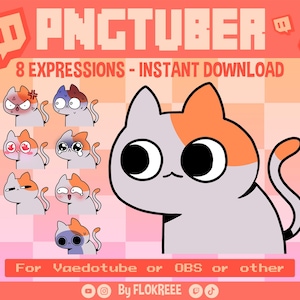 May include: A digital art graphic featuring a cartoon cat with various expressions. The image includes the text "PNGTUBER" and "8 EXPRESSIONS - INSTANT DOWNLOAD". The cat has gray, orange, and white coloring. The background is a gradient of pink and orange.