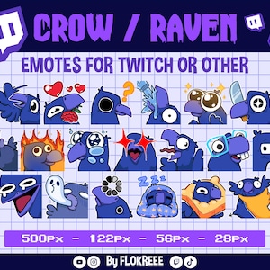 May include: A collection of blue crow and raven emotes for Twitch or other platforms. Each emote features a different expression, including hearts, question marks, and stars. The text "CROW / RAVEN" and "EMOTES FOR TWITCH OR OTHER" are displayed at the top.