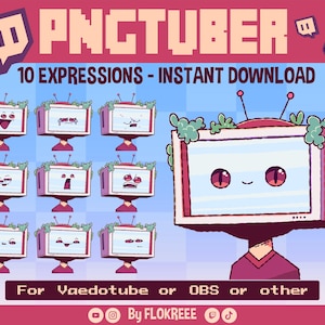 May include: A digital illustration featuring a cartoon television character with various facial expressions. The image includes the text "PNGTUBER" and "10 EXPRESSIONS - INSTANT DOWNLOAD". The character has a purple and white color scheme with green foliage accents.