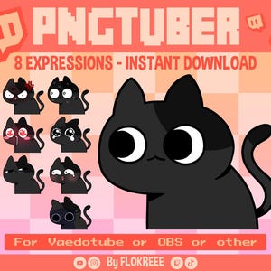 May include: A digital art graphic featuring a black cat with various expressions, including angry, surprised, and sad. The text "PNGTUBER" and "8 EXPRESSIONS - INSTANT DOWNLOAD" are displayed in a pixelated font. The image is set against a pink and orange background.