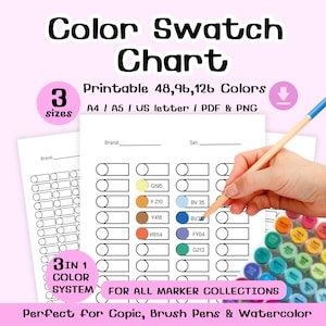 Tabela de Amostras de Cores de Marcadores para Imprimir - 48, 96 e 126 Cores, Folha de Códigos de Cores Copic, Folha de Amostras em Branco, Rastreador de Cores em PDF, PNG, A4, A5 e Carta (EUA)