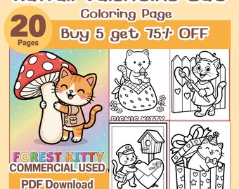 Kawaii Valentine Cat Coloring Pages Bundle | Cute Cats Love Theme | 20 Printable Coloring Pages PDF | Commercial Use | Instant Download