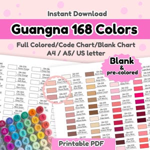 May include: A digital download of a colour chart with 168 colours, labelled "Guangna." The chart includes blank and pre-coloured options, with colour swatches and names. The design is in A4, A5, and US letter sizes, perfect for printable PDF use.