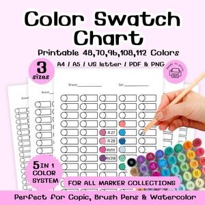 Markerkleurstalengrafiek Afdrukbaar 48 70 96 108 112 kleuren, blanco staalvel, Copic Marker Tracker, pdf, png A4 A5 US Letter