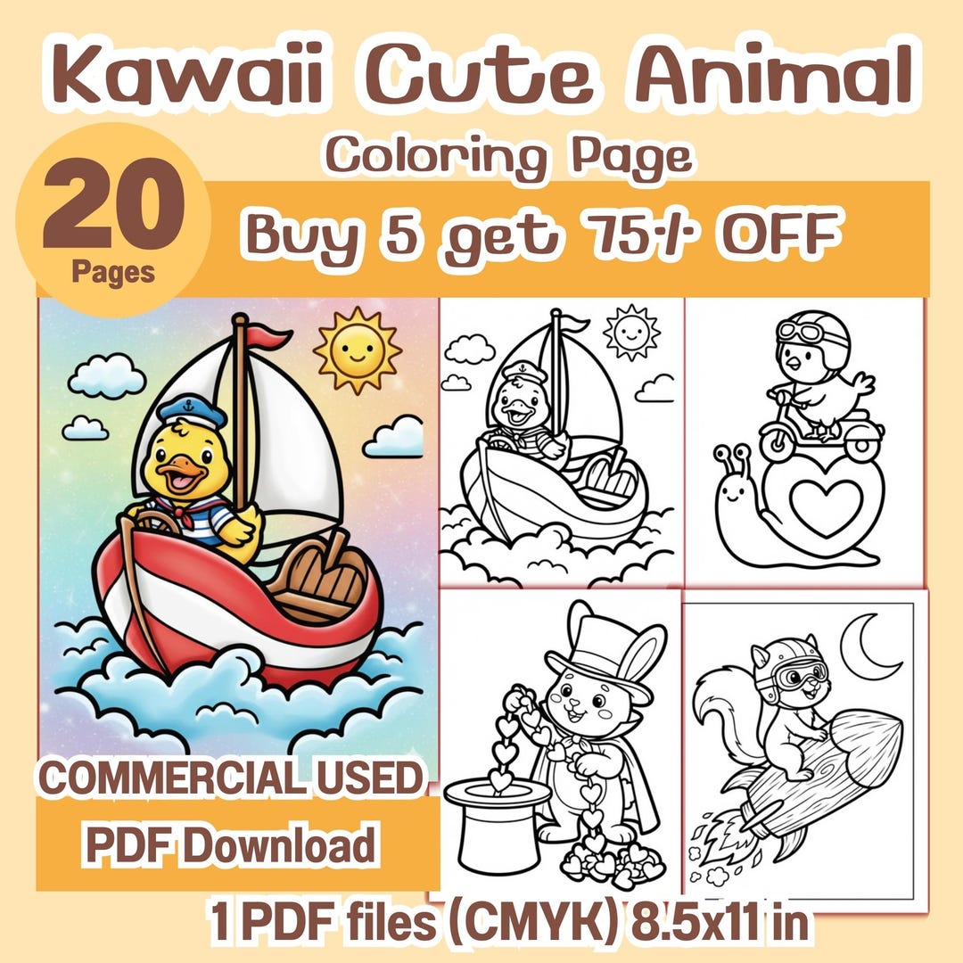 Kawaii Cute Animal Coloring Pages Bundle | 20 Adorable Fantasy Animals ...