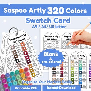 Può includere: Un set di schede colori Saspoo Artly 320 in PDF stampabile con icone a forma di fiore vuote e pre-colorate per l'organizzazione dei pennarelli. Le schede sono disponibili nei formati A4, A5 e US letter e mostrano nomi di colori numerati come Snow White e Deep Coral.