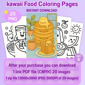 Kawaii Essen Malvorlagen Set B | 20 süße druckbare Malvorlagen | Sofort Download PDF für Kinder & Erwachsene | Lustiges digitales Malbuch