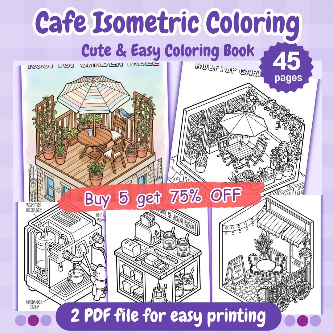Cafe Isometric Coloring Book | Cute Cozy Coffee Shop Coloring Pages ...