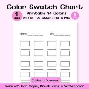 Op de afbeelding: Een afdrukbare kleurenpaletkaart met 24 kleurvakken, perfect voor Copic, penseelstiften en aquarel. De kaart bevat ruimte voor merk- en setinformatie en is beschikbaar in A4, A5 en US letter formaten.