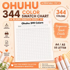 Può includere: Una tabella colori Ohuhu 344 in formato PDF stampabile con una griglia vuota per organizzare i pennarelli. Il documento include campi per il marchio e il nome del set, disponibile nei formati A4, A5 e US Letter, con elementi grafici arancioni.