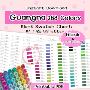 Tabella colori 288 pennarelli stampabile, foglio campioni vuoto e precolorato, tabella pennarelli a base alcolica, tracker colori PDF A4 A5 US Letter