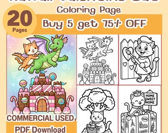 Kawaii Valentine Cat Coloring Pages Bundle | Cute Love Cats Printable Coloring Book | 20 Pages PDF | Commercial Use Instant Download