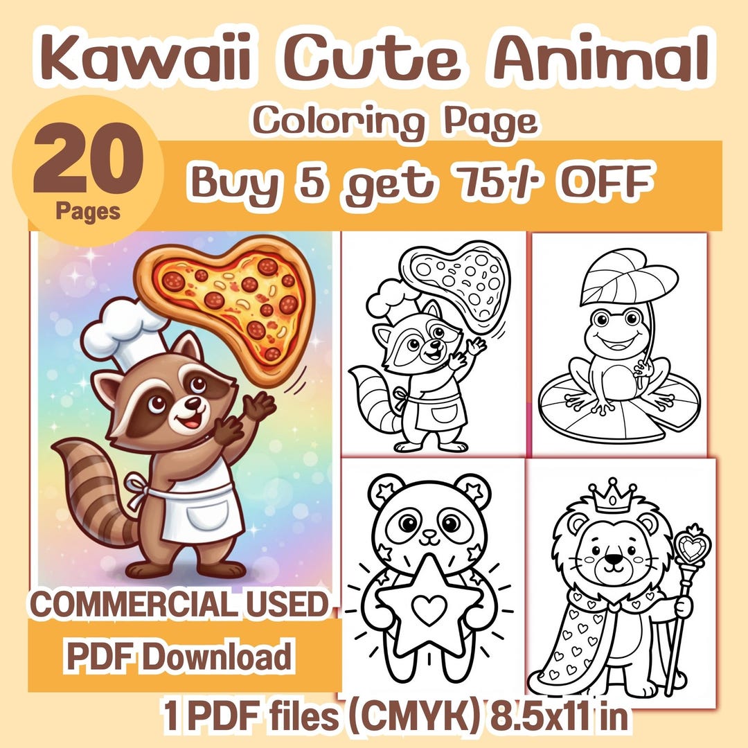 Kawaii Cute Animal Coloring Pages Bundle | 20 Adorable Cartoon Animals ...